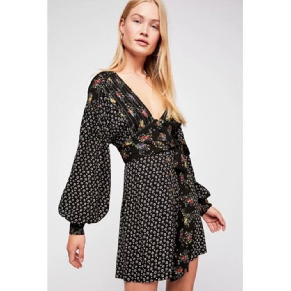 Free People | Wonderland Mini Dress Floral Waist Tie Fit Flare Boho Black Small
